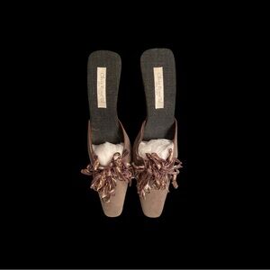 Taupe Slip-On Mules with Decorative Fringe